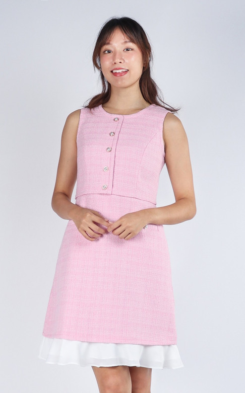 Sophie Tweed Frill Hem Dress - Pink