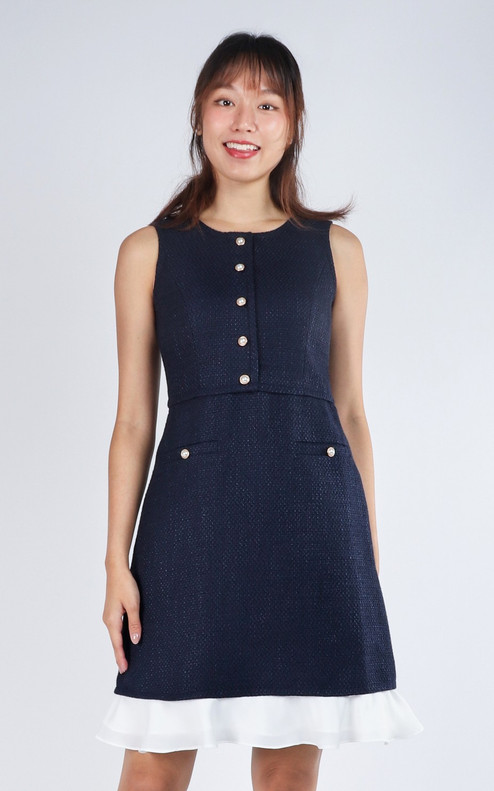Sophie Tweed Frill Hem Dress - Navy