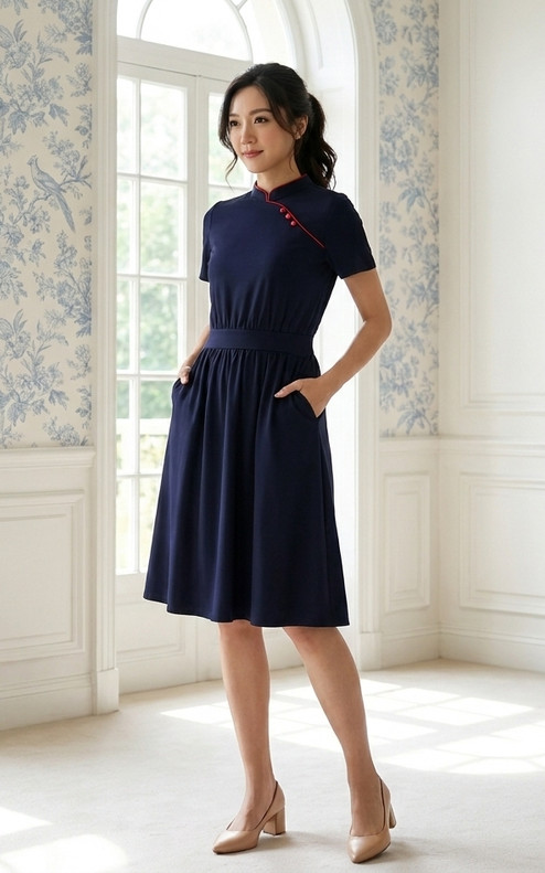 Pingxi Sleeved Cheongsam Dress - Navy