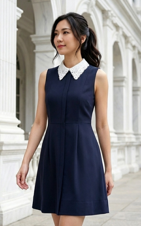 Keira Detachable Lace Collar Dress - Navy 