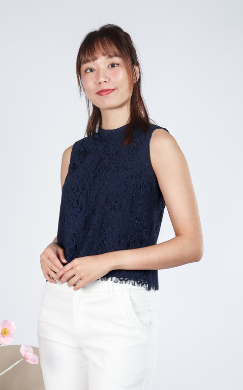 Harmony Lace Cheongsam Top - Navy