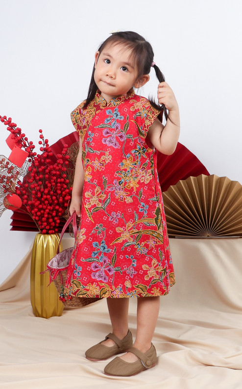 Kids Amal Batik Cheongsam Dress - Red