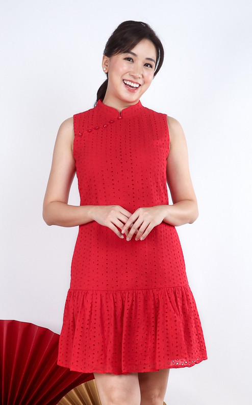 Luella Dropwaist Eyelet Cheongsam Dress - Red