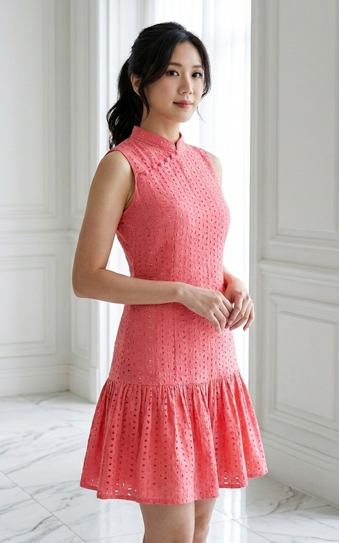 Luella Dropwaist Eyelet Cheongsam Dress - Peach