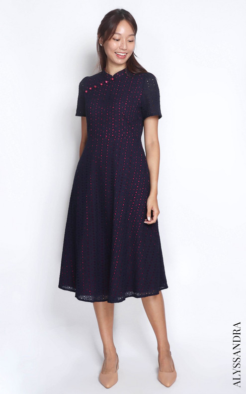 Luella Sleeved Eyelet Midi Cheongsam - Navy