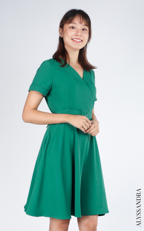 Ava V-Neck Sleeved Dress - Green