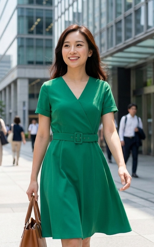 Ava V-Neck Sleeved Dress - Green