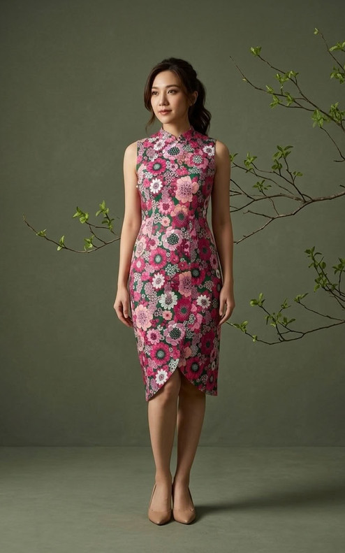 Abundance Printed Tulip Cheongsam - Pink/Green