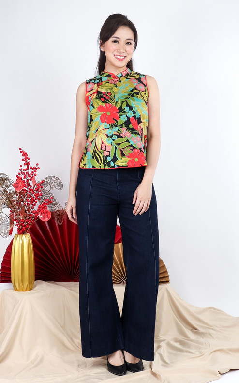 Ivy Botanical Cheongsam Top - Black