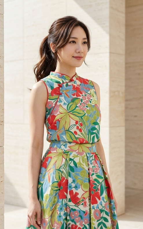 Ivy Botanical Cheongsam Top - Cream