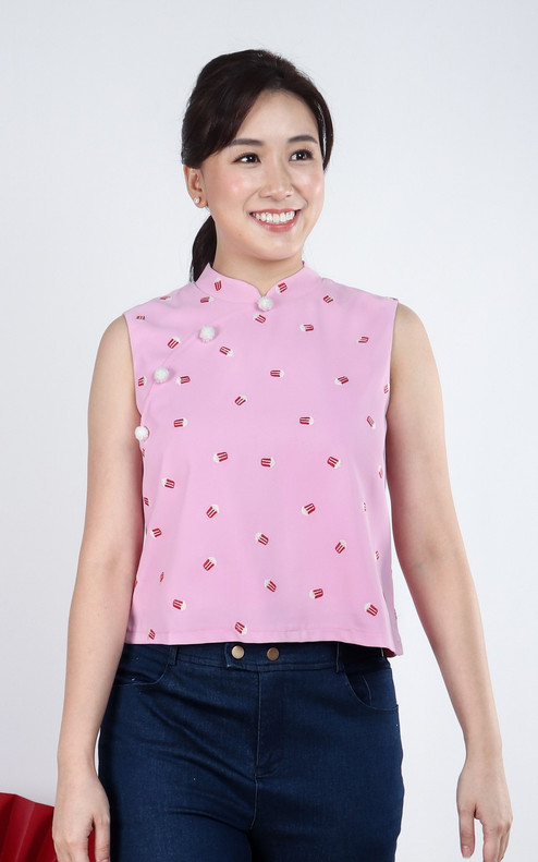 Xi Popcorn Cheongsam Top - Pink