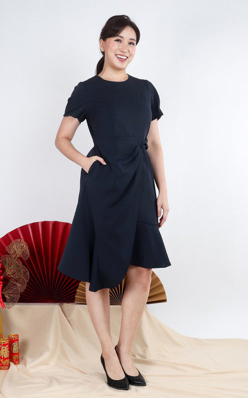 Lauren Ruffled Overlap Midi Dress - Midnight Blue