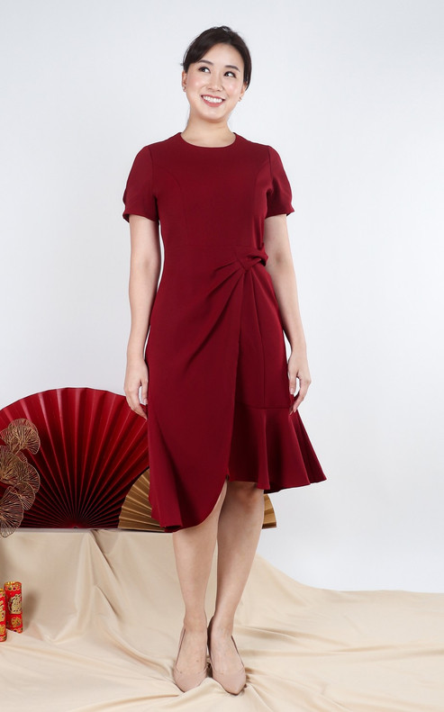 Lauren Ruffled Overlap Midi Dress - Burgundy