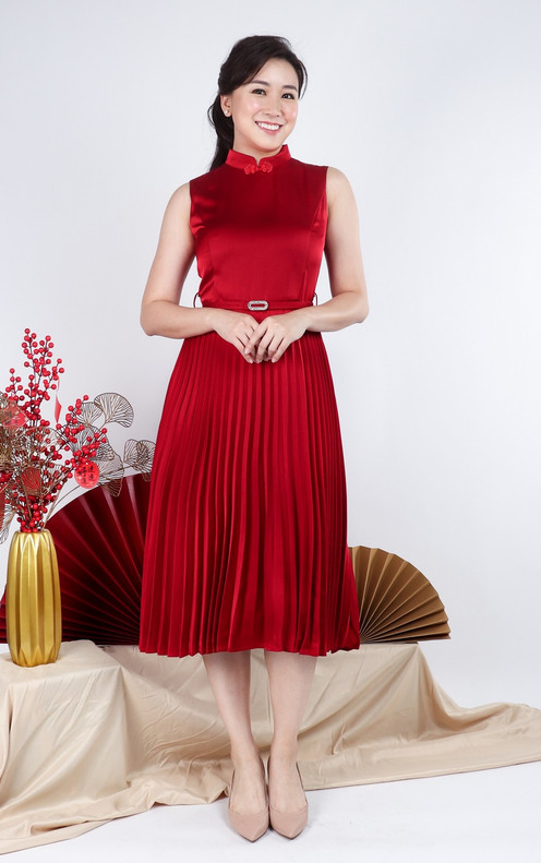 Athena Satin Pleated Cheongsam Dress - Burgundy