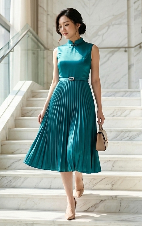 Athena Satin Pleated Cheongsam Dress - Teal