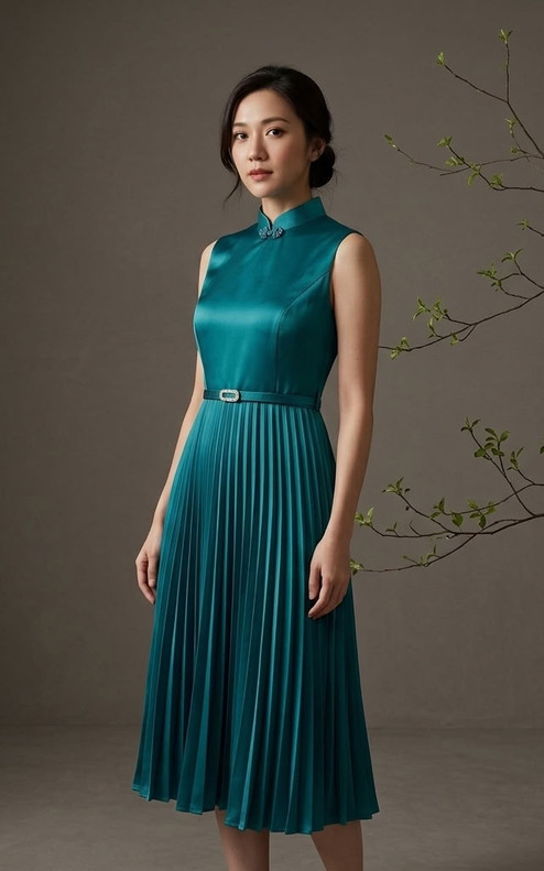 Athena Satin Pleated Cheongsam Dress - Teal