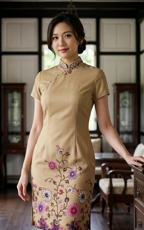 Joyous Batik Bloom Cheongsam - Sand