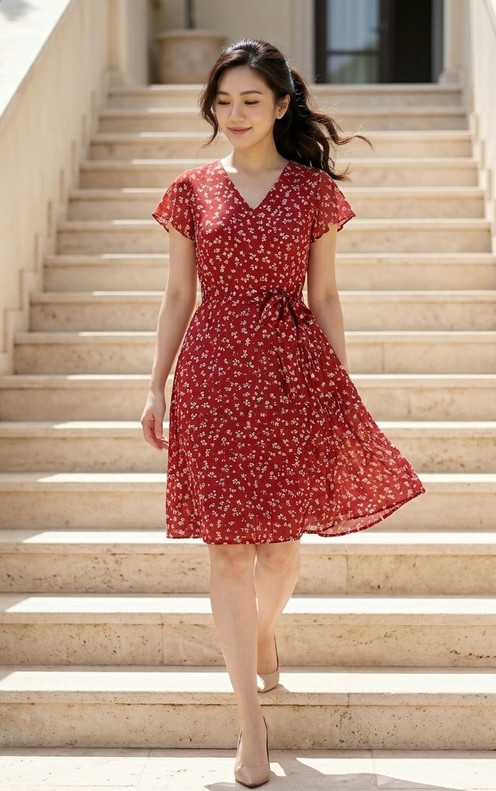 Mirage Printed Chiffon Dress - Red 