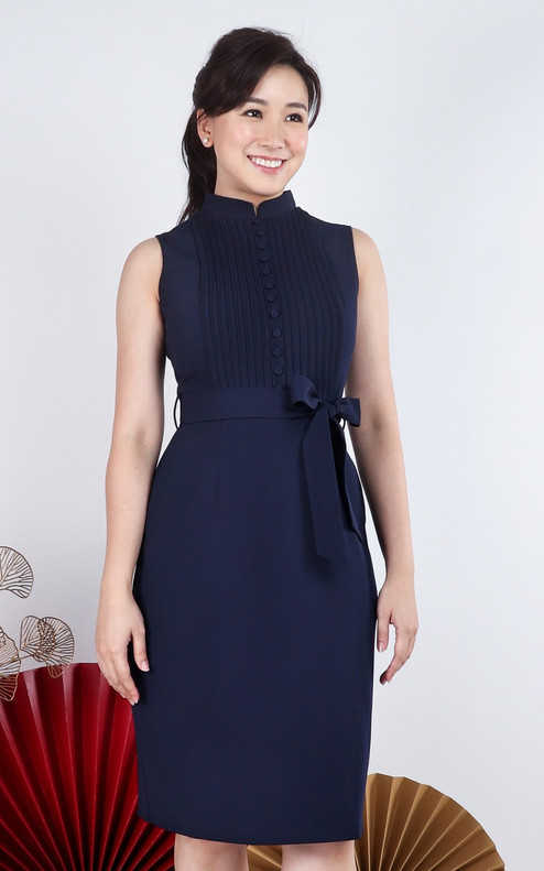 Roselle Pintuck Pencil Cheongsam - Navy