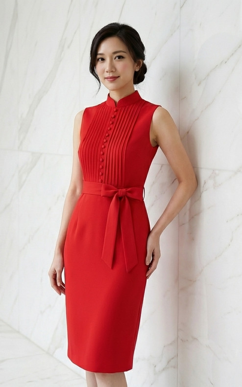 Roselle Pintuck Pencil Cheongsam - Vermillion