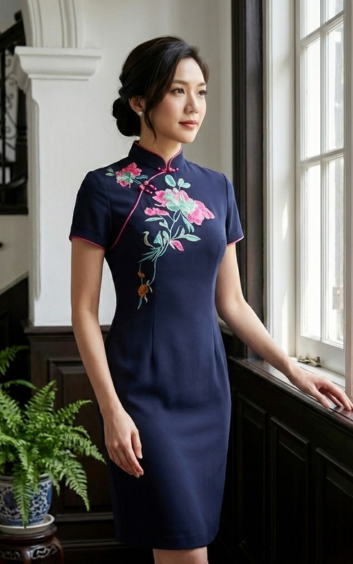 Radiance Embroidered Cheongsam Dress - Navy