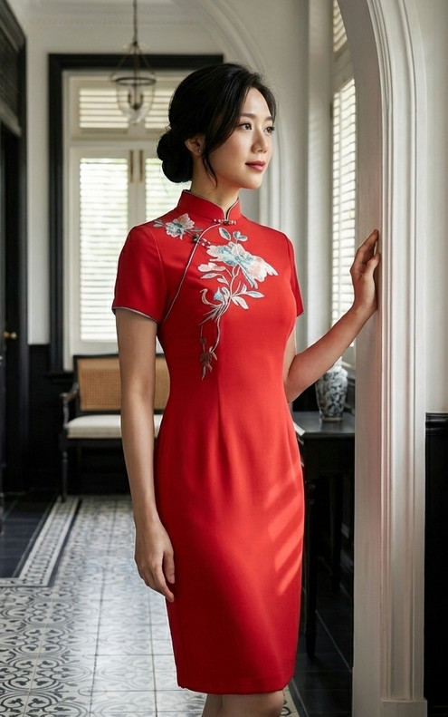 Radiance Embroidered Cheongsam Dress - Red
