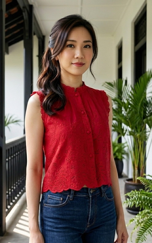 Heather Eyelet Top - Crimson
