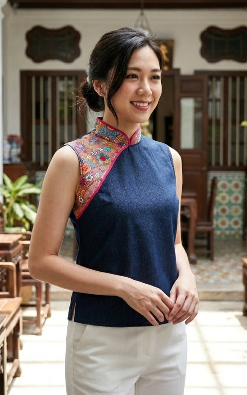 Heidi Contrast Denim Cheongsam Top - Pink