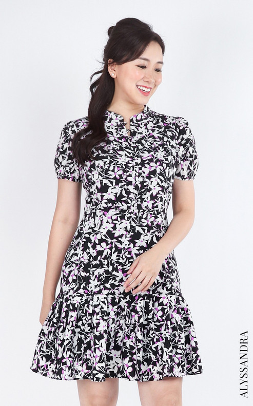 Poise Mandarin Collar Printed Dress - Black