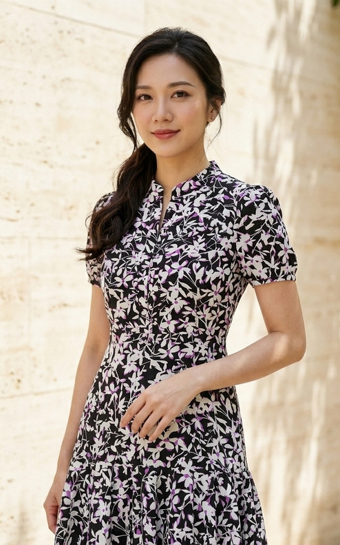 Poise Mandarin Collar Printed Dress - Black