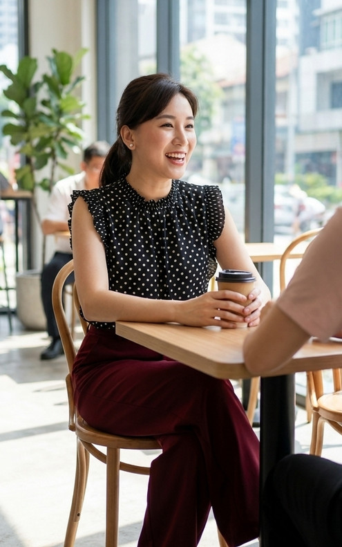 Elarisse Polka Dot Frills Top - Black