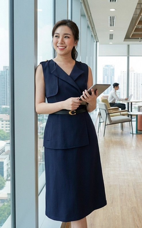 Valencia Layered Front Midi Dress - Navy