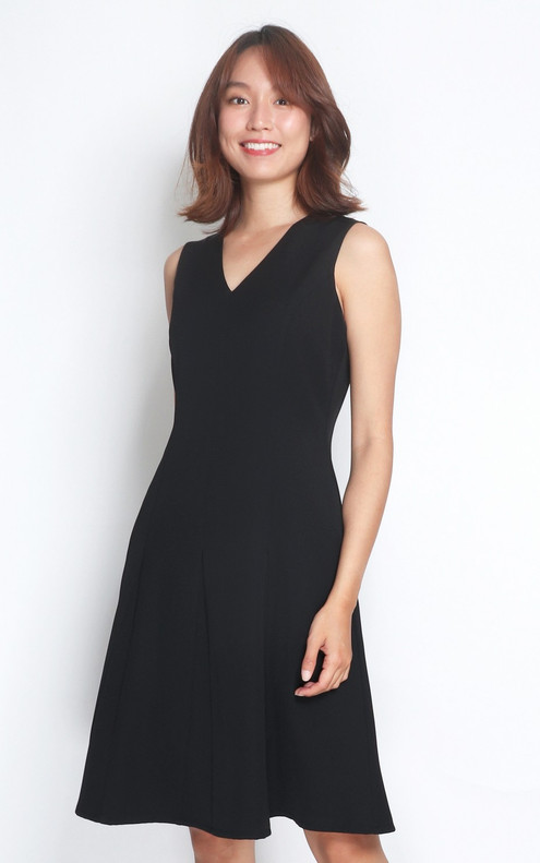 Brooke V-Neck Flare Dress - Black