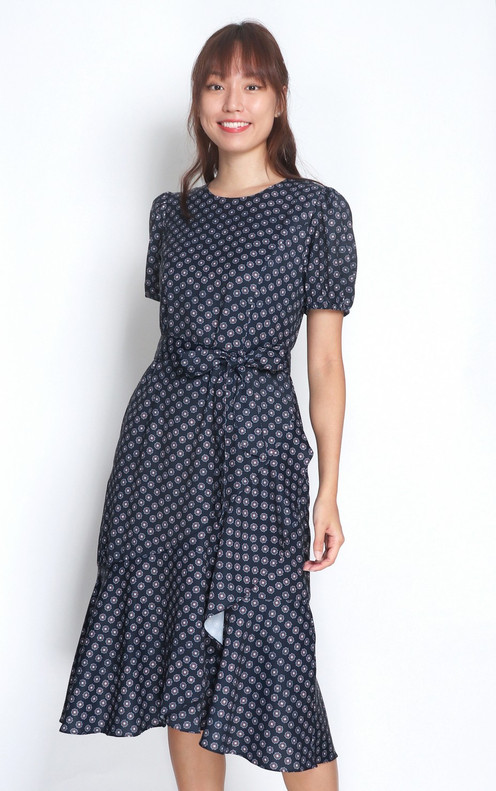 Chloe Printed Ruffled Dress - Navy