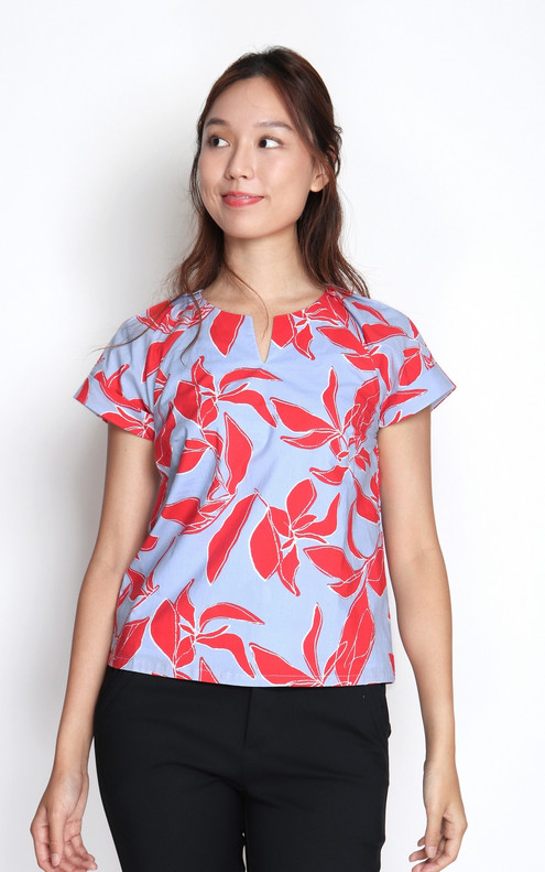 Lucia Leaf Print Notch Neck Top - Red