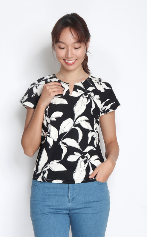 Lucia Leaf Print Notch Neck Top - Black