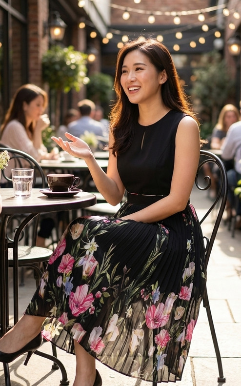 Eden Printed Pleated Dress - Black