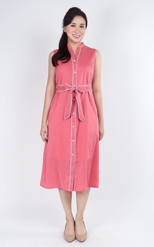 Hannah Polka Dot Notch Neck Dress - Pink