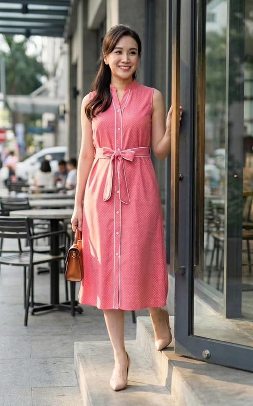 Hannah Polka Dot Notch Neck Dress - Pink