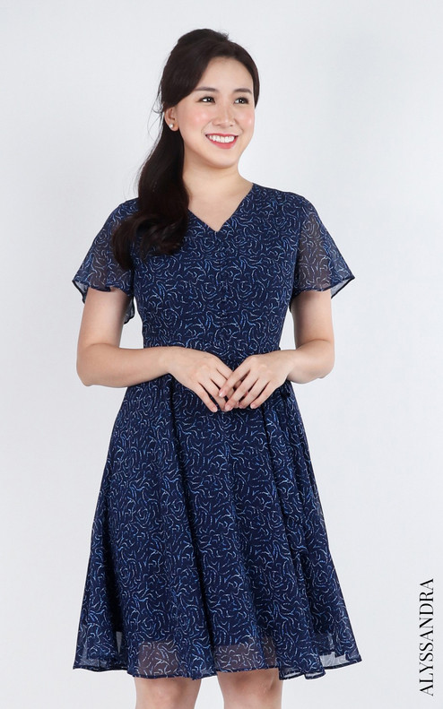 Merida V-Neck Chiffon Dress - Navy