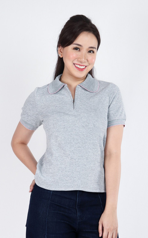 Kiley Ribbed Collar Top - Grey