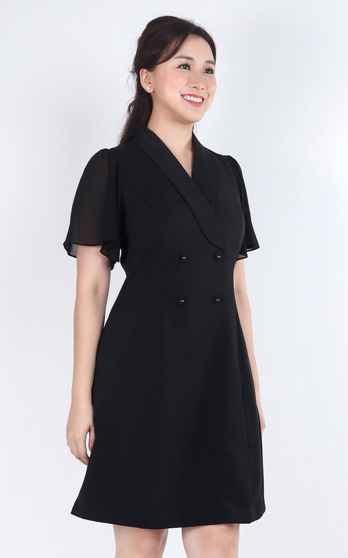 Daphne Chiffon Sleeve Button Dress - Black