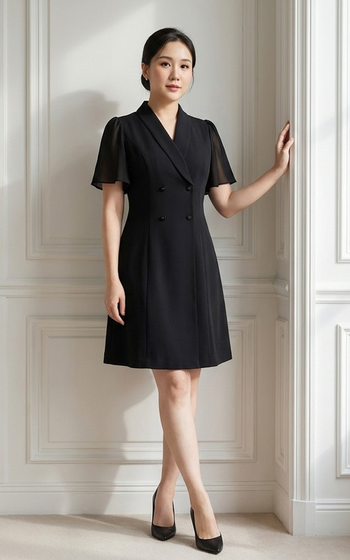 Daphne Chiffon Sleeve Button Dress - Black