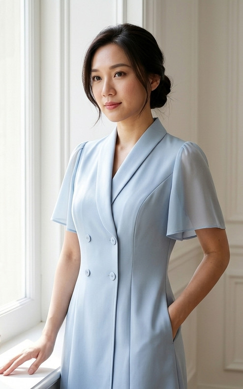 Daphne Chiffon Sleeve Button Dress - Blue