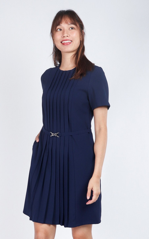 Marcia Sleeved Pleated Dress - Navy