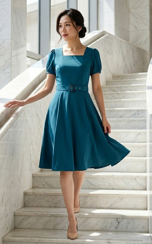 Mariste Belted Puff Sleeve Dress - Teal Blue