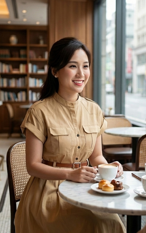 Zonia Cuffed Shirt Dress - Khaki