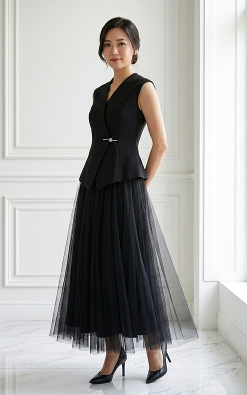Yumi Tulle Midi Skirt - Black