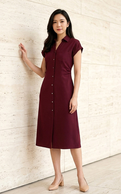 Enya Ruched Midi Dress - Burgundy