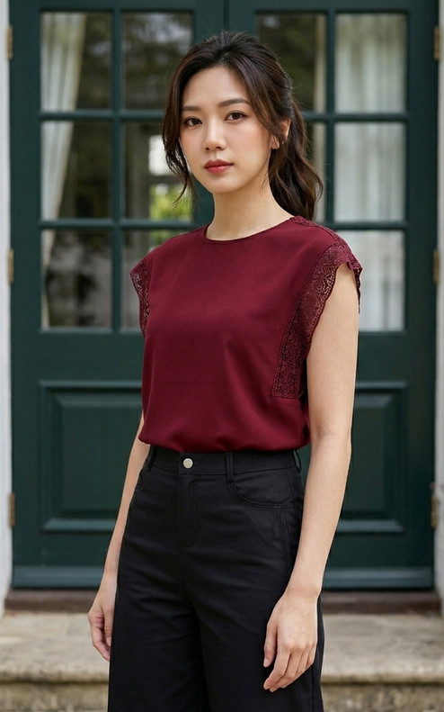 Lisse Lace Sleeve Top - Burgundy